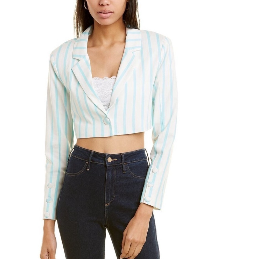 NWOT For Love and Lemons Aqua White Striped Cropped Linen Blazer Jacket Small